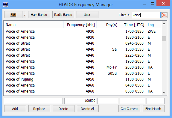 HDSDR Frequency Manger.